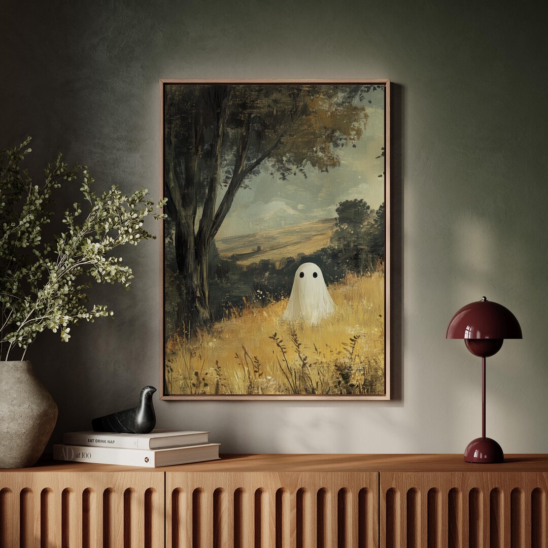 Vintage Ghost in Field Canvas Wall Art – Spooky Autumn Landscape ...