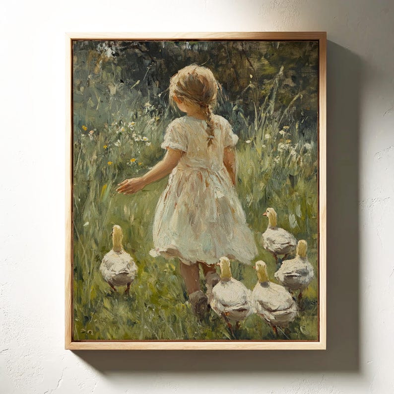 May include: A young girl in a white dress walks through a field of green grass and wildflowers, followed by a group of white ducklings.