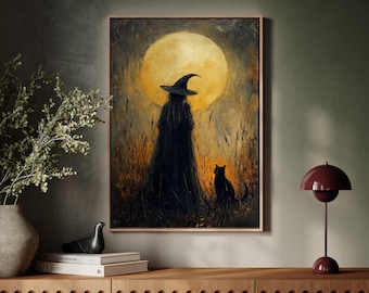 Full Moon Witch and Black Cat Canvas - Mystical Halloween Art, Witch Silhouette with Cat in Golden Glow Field, Enchanted Wall Decor