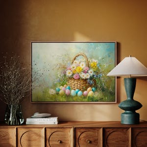 Rustic Easter Basket with Wildflowers and Colorful Eggs - Pastel Spring Canvas Wall Art for Seasonal Home Decor