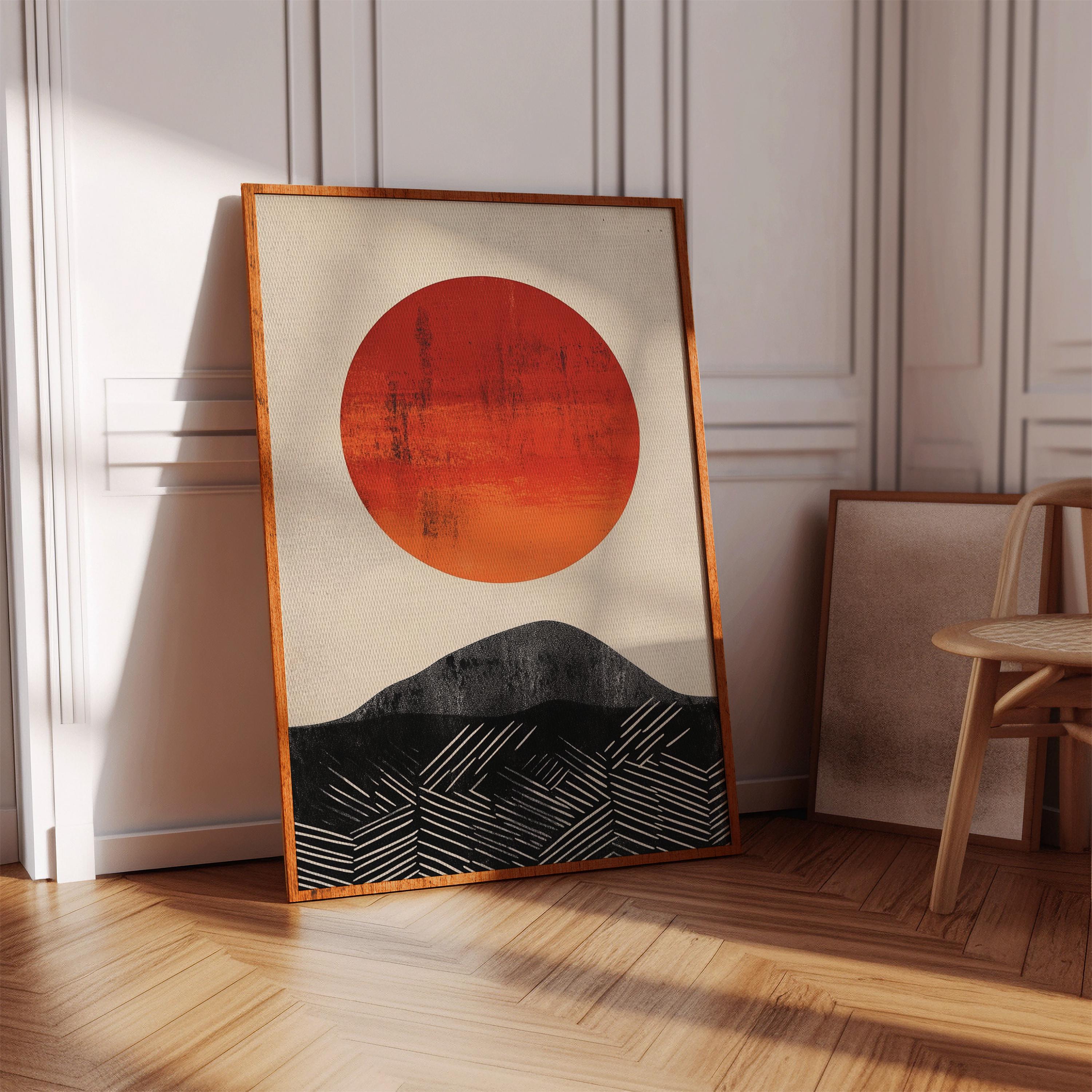 Minimalist Red Sun Over Black Mountain Canvas Art | Japanese