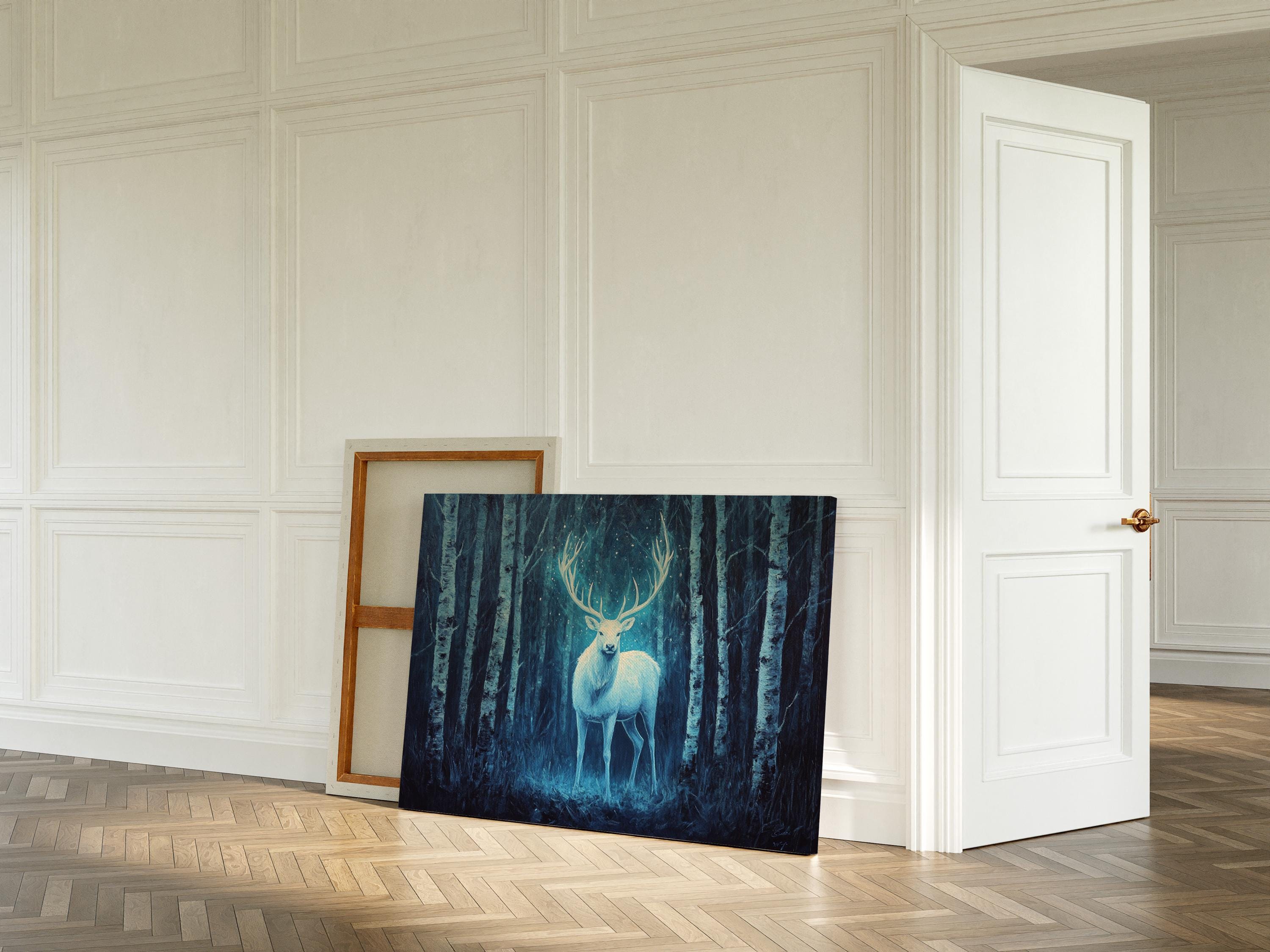 神秘的な白い鹿のキャンバス壁アート | 魅惑的な森の光る鹿の絵画