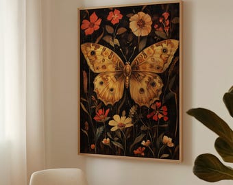 May include: A framed art print featuring a large butterfly with detailed wing patterns in shades of yellow and brown. The butterfly is surrounded by colorful flowers in red, yellow, and orange against a dark background. The artwork is displayed in a room.