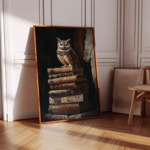 Rustic canvas wall art featuring a wise owl perched on antique books. Perfect for libraries, studies, or vintage-style reading rooms and dens.