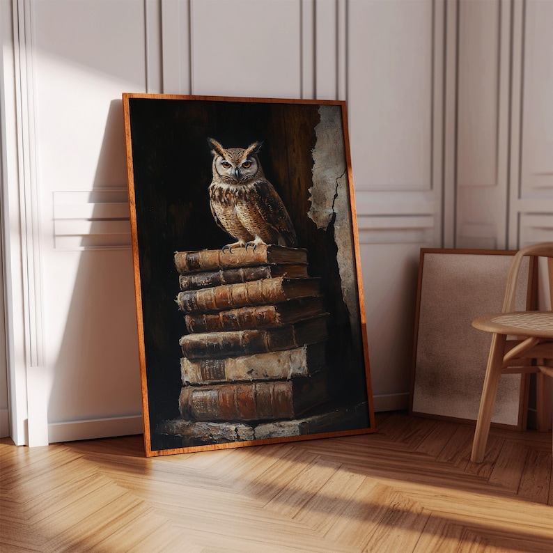 Rustic canvas wall art featuring a wise owl perched on antique books. Perfect for libraries, studies, or vintage-style reading rooms and dens.