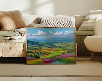 Colorful Patchwork Fields with Village and Mountains