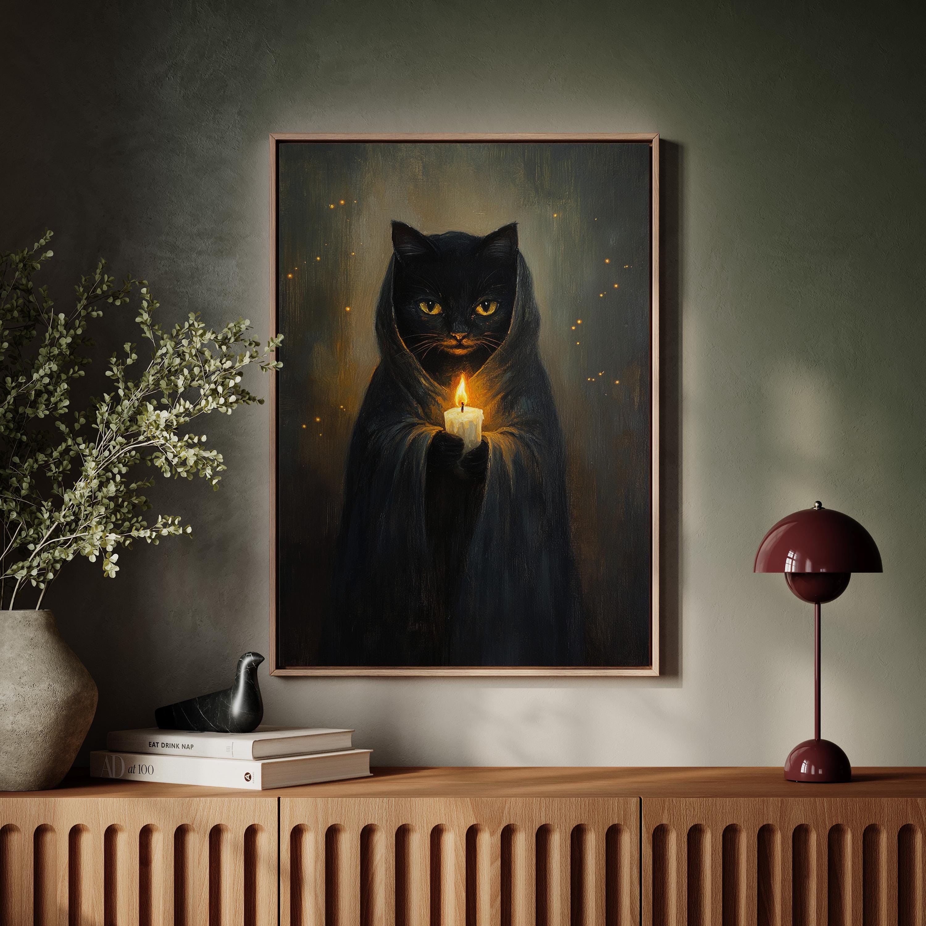 Black Cat With Candle – Witchy Gothic Wall Art, Halloween Cat in