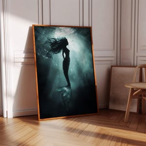 Mystical Mermaid Silhouette Canvas – Dark Fantasy Ocean Art, Underwater Sea Siren Print, Enchanting Coastal Wall Decor