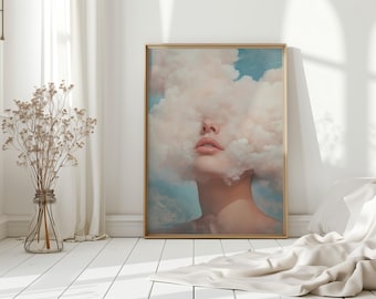 Lienzo de mujer con cabeza de nube surrealista: retrato de cielo azul de ensueño con nubes flotantes, impresión minimalista de estética surrealista.