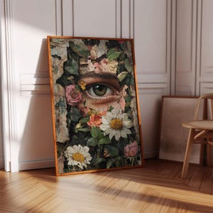 Floral Eye Wall Art Print – Surreal Botanical Portrait with Realistic Eye, Rustic Peeling Texture, Nature Inspired Gallery Statement Piece