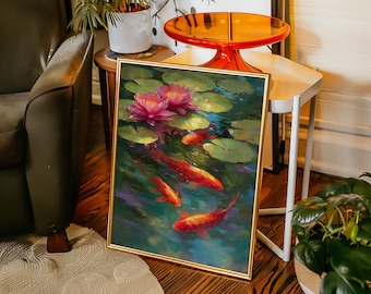 Koi Fish Pond Canvas Wall Art, Vibrant Goldfish Swimming with Lotus Flowers and Lily Pads, Zen Japanese Inspired Home Décor Painting Print