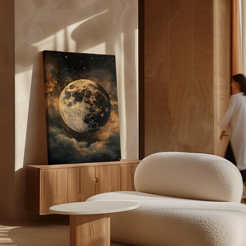 Celestial Full Moon Canvas Art - Cosmic Lunar Glow With Golden Stars ...
