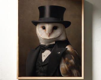 Elegant Owl Portrait in Top Hat and Tuxedo
