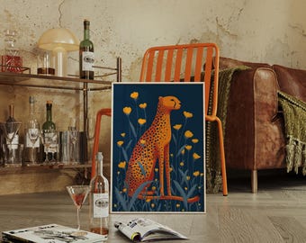 Levendige oranje cheetah tussen gouden wilde bloemen