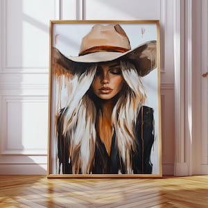 Portret blondynki kowbojki na płótnie - kapiąca farba, sztuka kobiety z Zachodu - rustykalny wystrój ścienny Boho - nadruk na kapelusz kowbojski dziewczyny z kraju