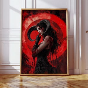 Dark Demon Woman Canvas Art, Horned Gothic Female in Blood Red Circle, Horror Fantasy Wall Decor for Alt, Metal or Occult Aesthetic