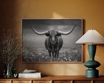 Texas Longhorn Wall Art | Black and White Western Photography for Rustic Country Decor