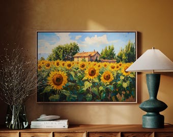 Sunflower Field Canvas Wall Art Rustic Farmhouse Decor Countryside Landscape Painting Yellow Floral Artwork Living Room Accent