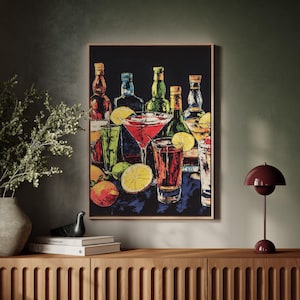 Lebendige Cocktail Leinwand Kunst - Bunte Bar Szene mit Mixgetränken und Flaschen - Moderne Wanddekoration für die Hausbar oder Küche
