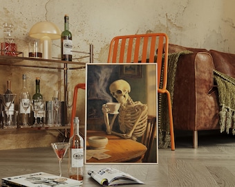 Skeleton Drinking Coffee | Humorous Gothic Halloween Wall Art in Vintage Style