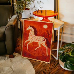 Décoration murale cheval du désert avec fleurs et coeurs | Toile de cheval sauvage de style art folklorique | Décoration de chambre d'enfant du sud-ouest ou bohème