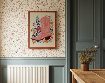 Pinker Cowboystiefel mit bunter Wildblumen-Kunst