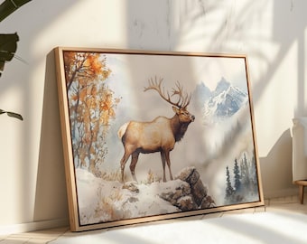 Lienzo de alce majestuoso: pintura rústica de fauna silvestre de ciervo en un paisaje nevado de montaña. Decoración de pared de cabaña inspirada en la naturaleza.