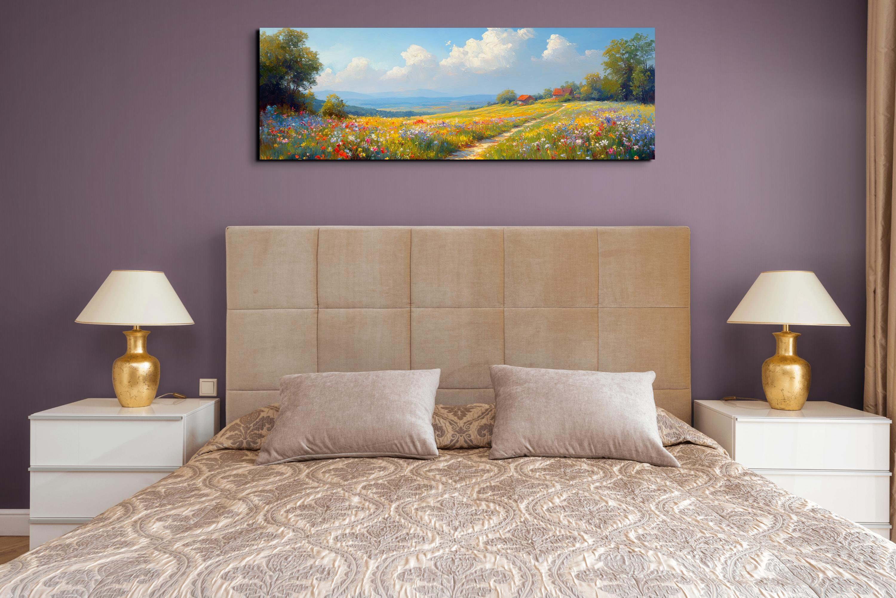 Wildflowers In Sunshine, Wildflowers Field Landscape Wall Art, Panoramic Moody Wall Art, Dark Floral Landscape Painting, Above Bed Decor