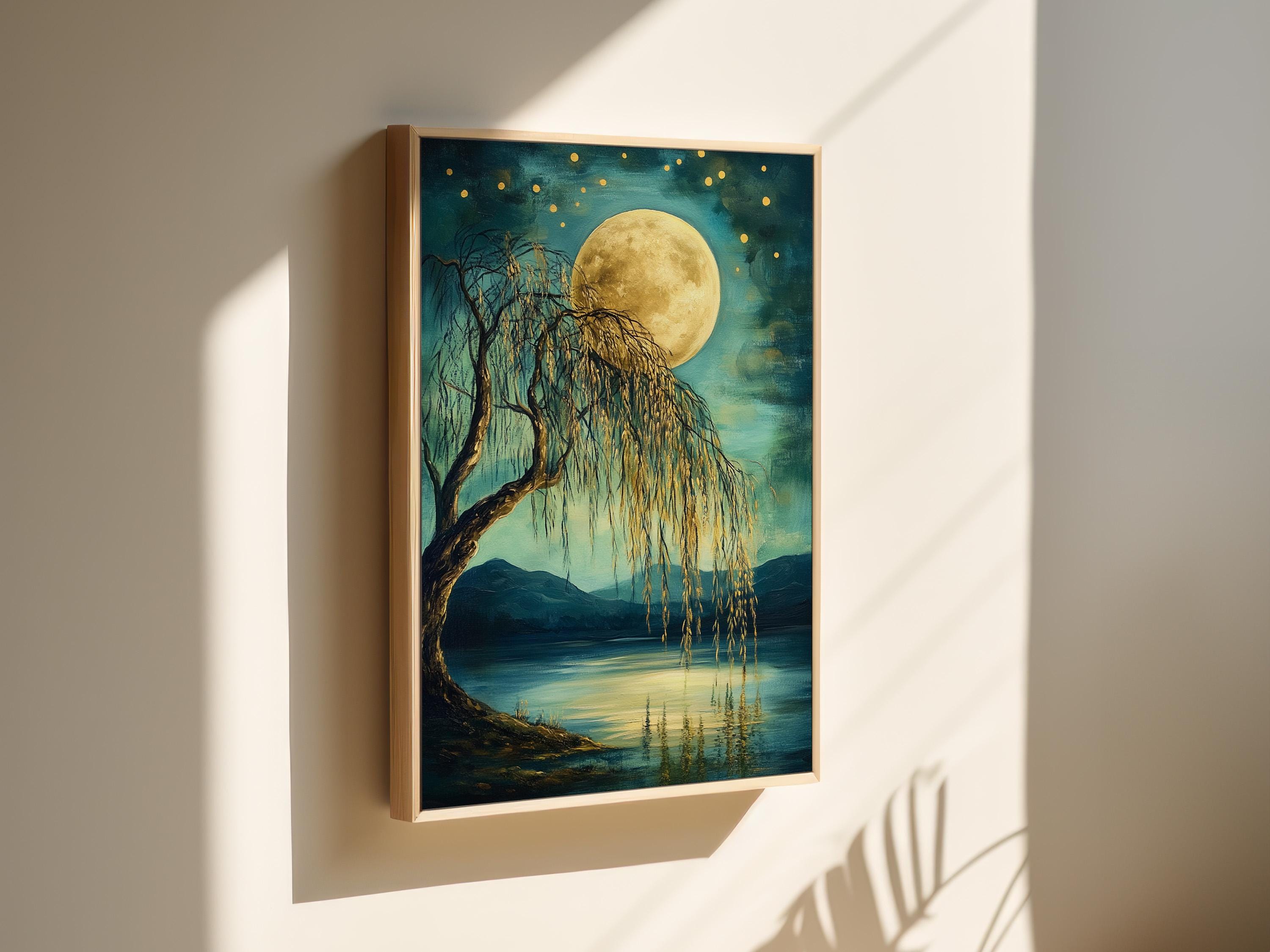 Enchanting Moonlit Willow Tree – Serene Nature Canvas Art With Glowing ...