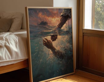 Jesus Rescuing Peter Art | Powerful Christian Painting of Hand Reaching Through Water for Faith Home Decor