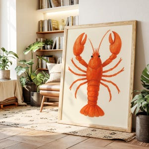 Lobster Wall Art Print – Bold Coastal Kitchen Decor Featuring Red Lobster Illustration in Minimal Style, Nautical Seafood Theme