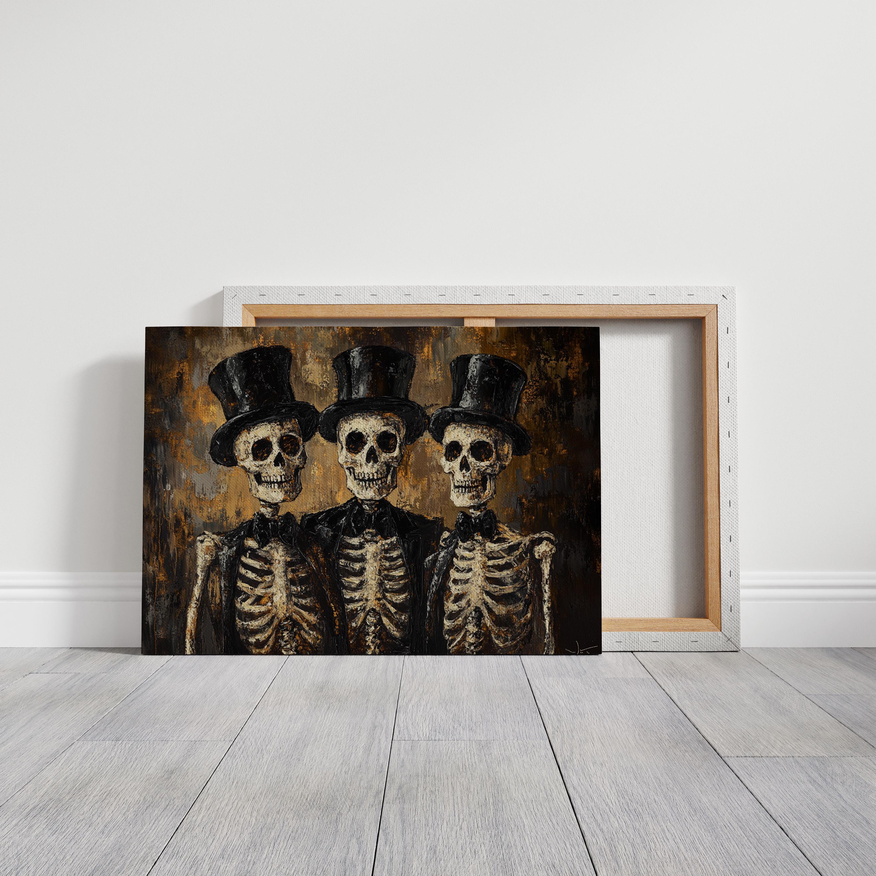 Dapper Skeleton Trio Canvas Art - Gothic Skeletons in Top Hats