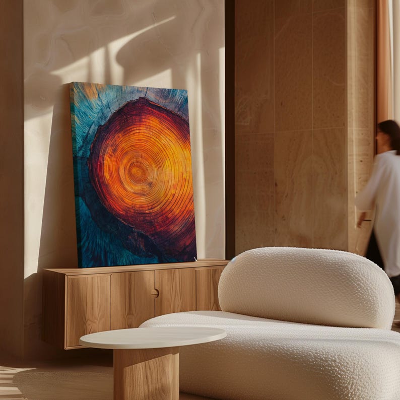 Vibrant Tree Ring Wall Art Bold Abstract Wood Grain Print in Fiery