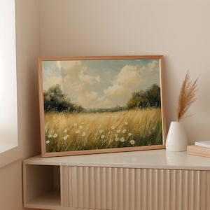 Wildflower Field Canvas Wall Art | Soft Vintage Oil Painting of Golden Meadow with Daisies and Sky | Peaceful Country Landscape Decor