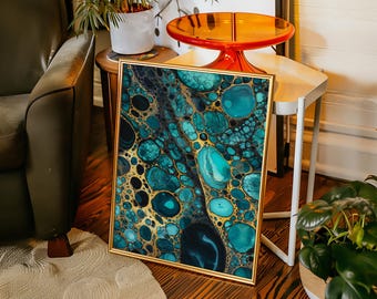 Lienzo artístico fluido abstracto de lujo en verde azulado y dorado con patrones de celdas de mármol para una decoración de pared moderna y glamurosa para el hogar o la oficina.
