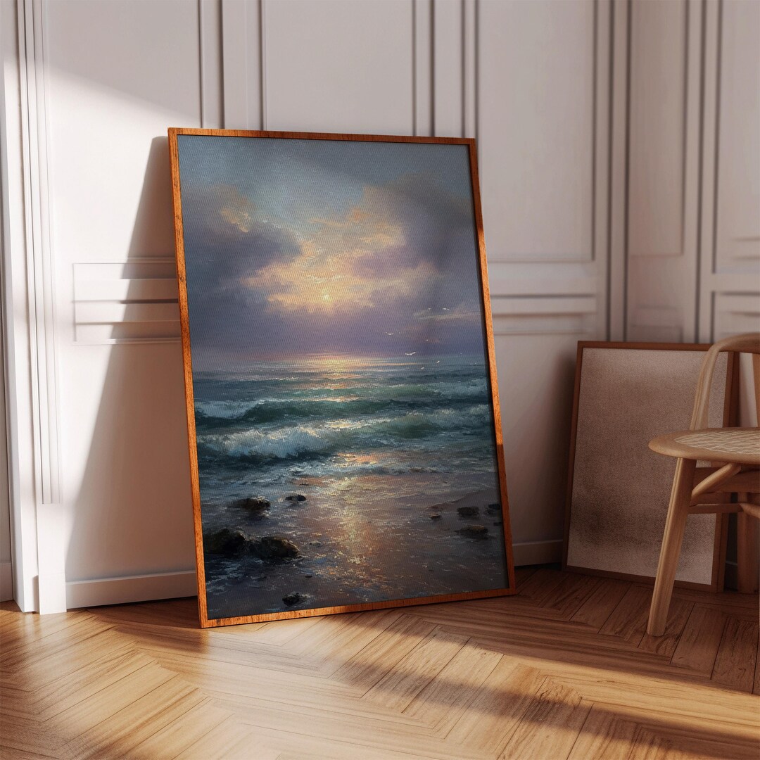 Vintage Ocean Sunset Oil Painting – Serene Coastal Seascape Canvas With ...