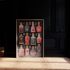 May include: A framed print featuring twelve decorative potion bottles with cork stoppers. The bottles are in various shapes and colors, with floral and heart designs. The background is black with small star accents.
