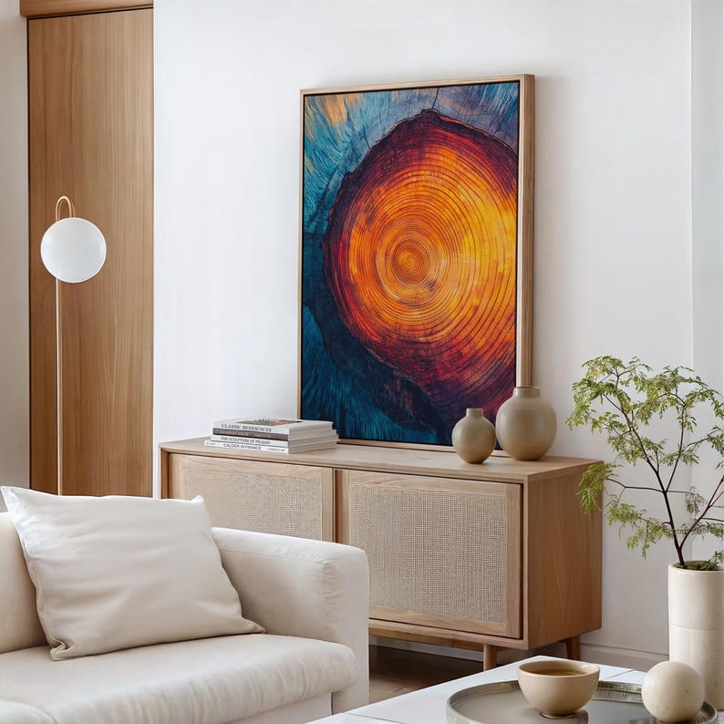Vibrant Tree Ring Wall Art Bold Abstract Wood Grain Print in Fiery
