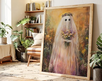 May include: A framed painting of a ghost-like figure in a field of flowers. The figure wears a floral crown and holds a bouquet. The artwork features a soft color palette of yellows, pinks, and purples, with a wooden frame.