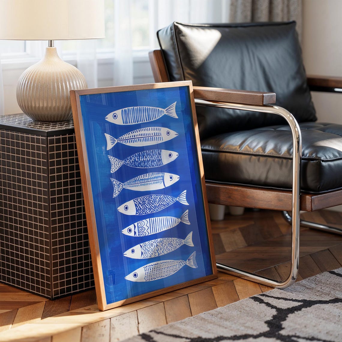 Blue Fishbone Pattern Blue Fish Pattern Art | Nautical Canvas Print With Hand-drawn Sardines ...