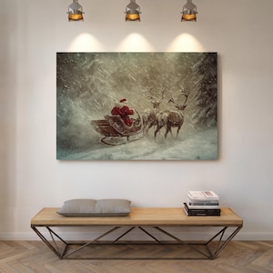 Santa Sleigh Ride with Reindeer Canvas Art – Framed Christmas Decor, Winter Snow Scene, Holiday Wall Art, Perfect Gift for Home or Office