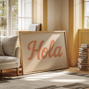 Impression d'art mural Hola - Poster de voeux rétro en espagnol pour une entrée, un bureau, une cuisine ou une décoration d'intérieur multilingue amusante