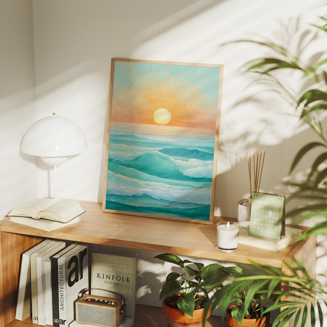 Arte em Tela Nascer do Sol no Oceano | Pintura de Ondas Costeiras | Decoração de Casa Moderna