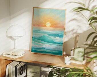 Ocean Sunrise Canvas Wall Art | Coastal Waves Painting | Serene Beach Sunset Artwork | Modern Coastal Home Decor