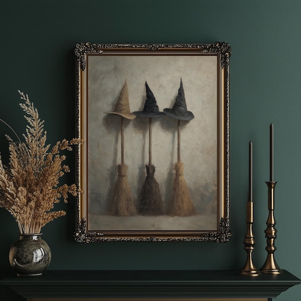Three Witch Brooms with Hats Against Rustic Wall