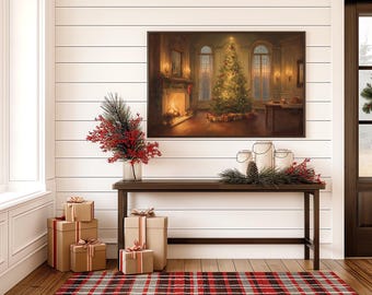 Albero di Natale sul camino, decorazione da parete su tela / accogliente decorazione per il soggiorno durante le feste / poster natalizio vintage / calda decorazione invernale per la casa