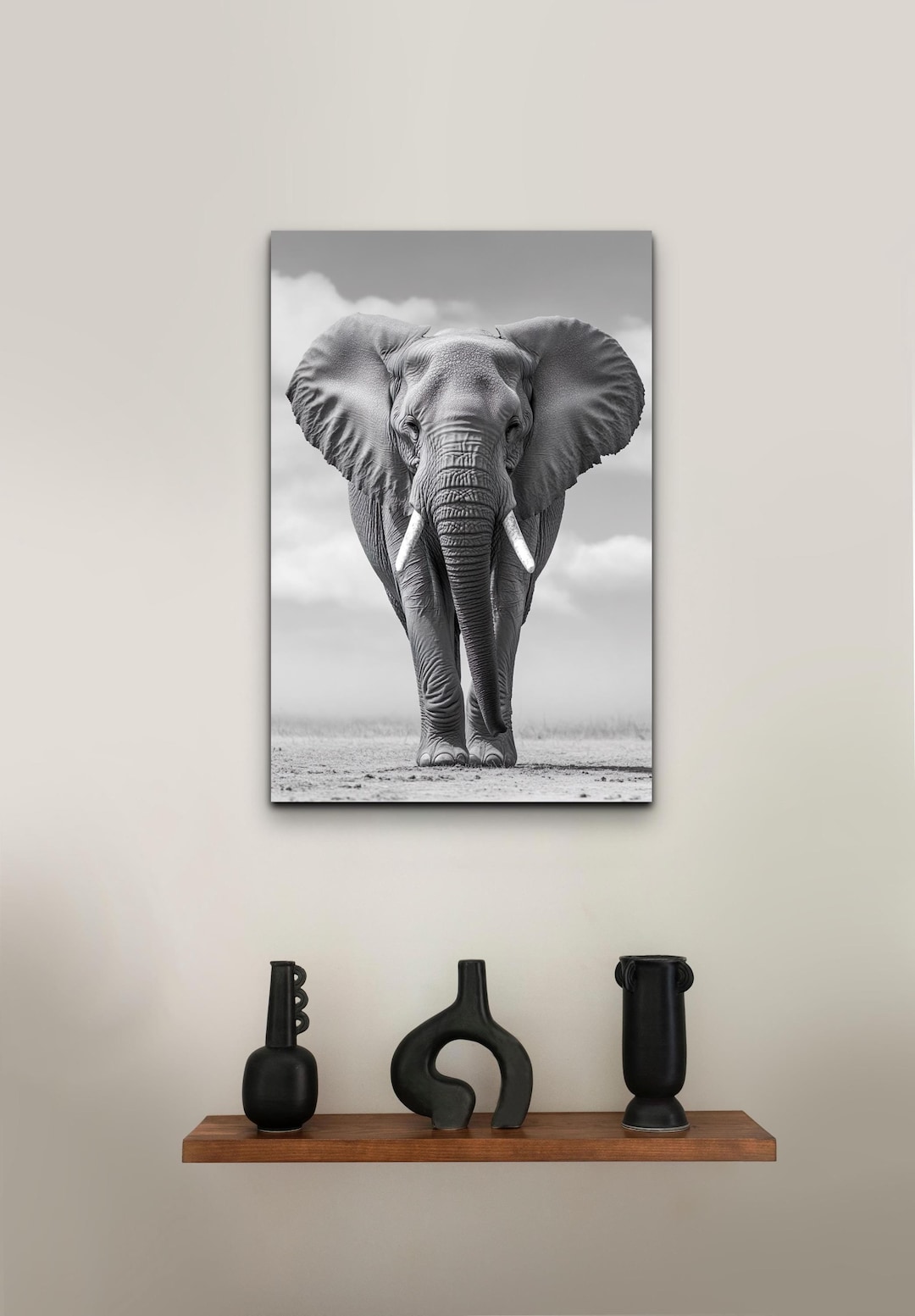 Black and White Elephant Ready to Hang Canvas Wall Art, Elephant Art