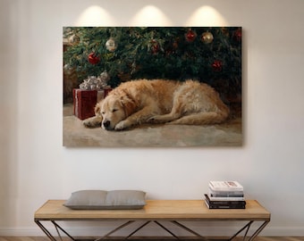 May include: A framed painting depicts a golden retriever dog resting near a Christmas tree adorned with ornaments and a wrapped gift. The artwork is displayed above a wooden bench with a gray pillow and stacked books.