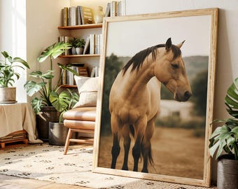 May include: A framed print featuring a tan horse with a black mane and legs. The horse is standing in a field with a blurred background of trees and a building. The frame is made of light-colored wood.
