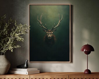 Alce majestuoso a la sombra: lienzo de ciervo con astas en un bosque oscuro, decoración rústica de cabaña para cazadores y amantes de la naturaleza.